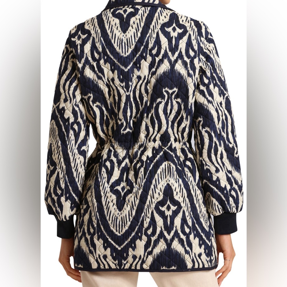 Bagatelle Navy Ivory Ikat Print Quilted Cotton Utility Jacket Coat Size L - Picture 2 of 11